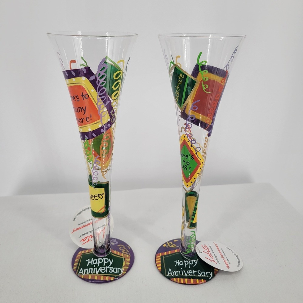 Lolita Happy Anniversary Champagne Flutes Set of 2 Hand Painted Glasses with Box